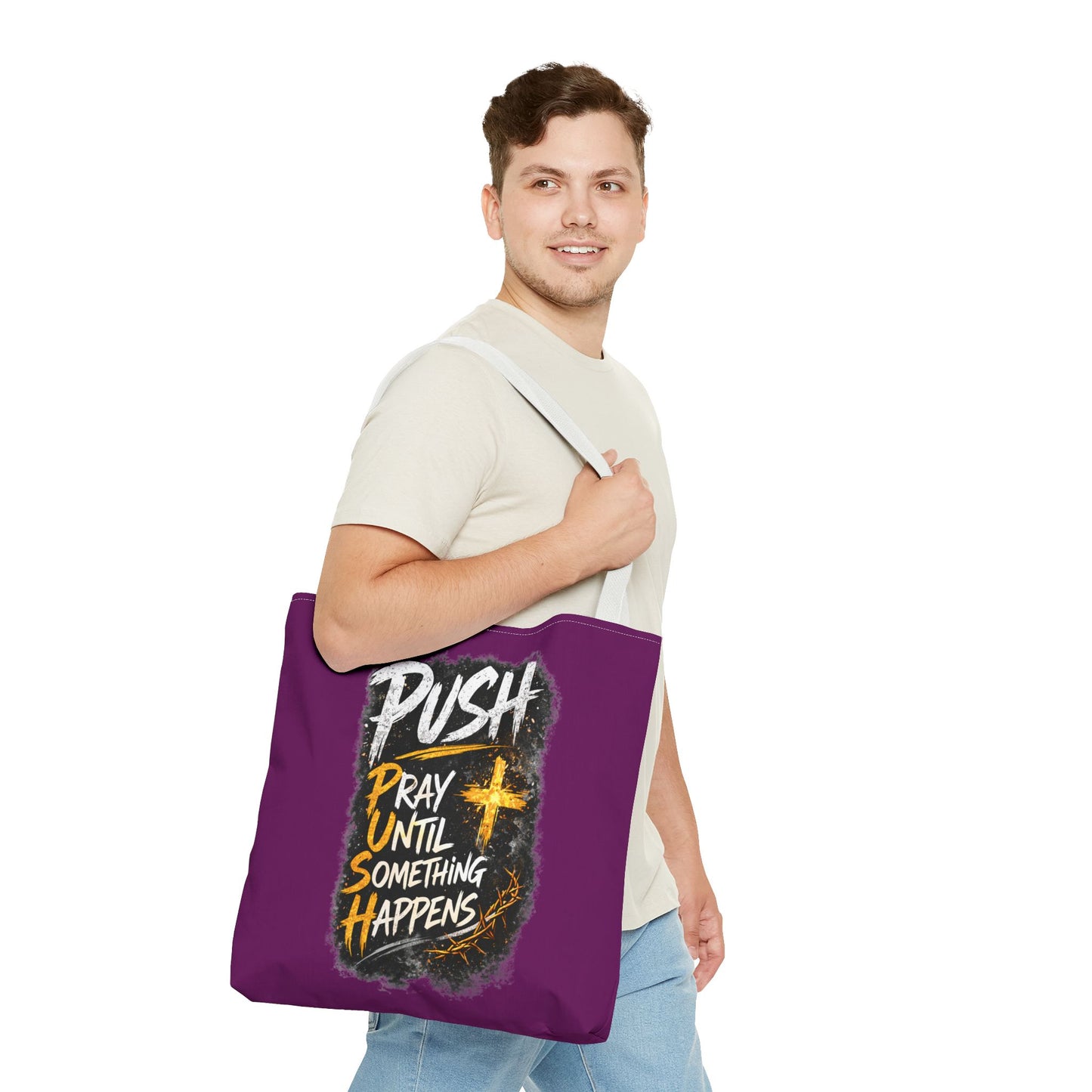 Push Pray Until Something Happens Purple Tote Bag