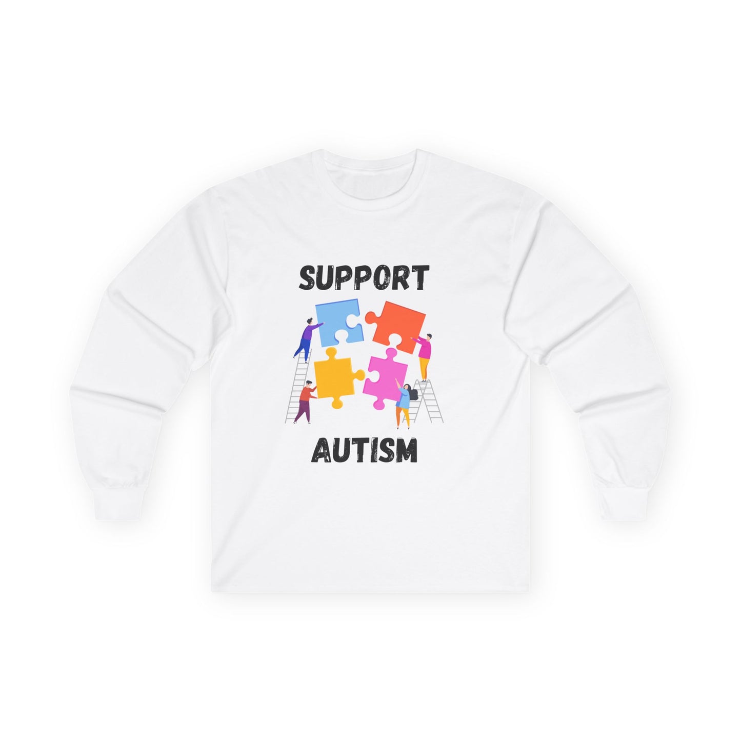 Support Autism Long Sleeve Tee — Puzzle Piece Awareness Shirt - Blk