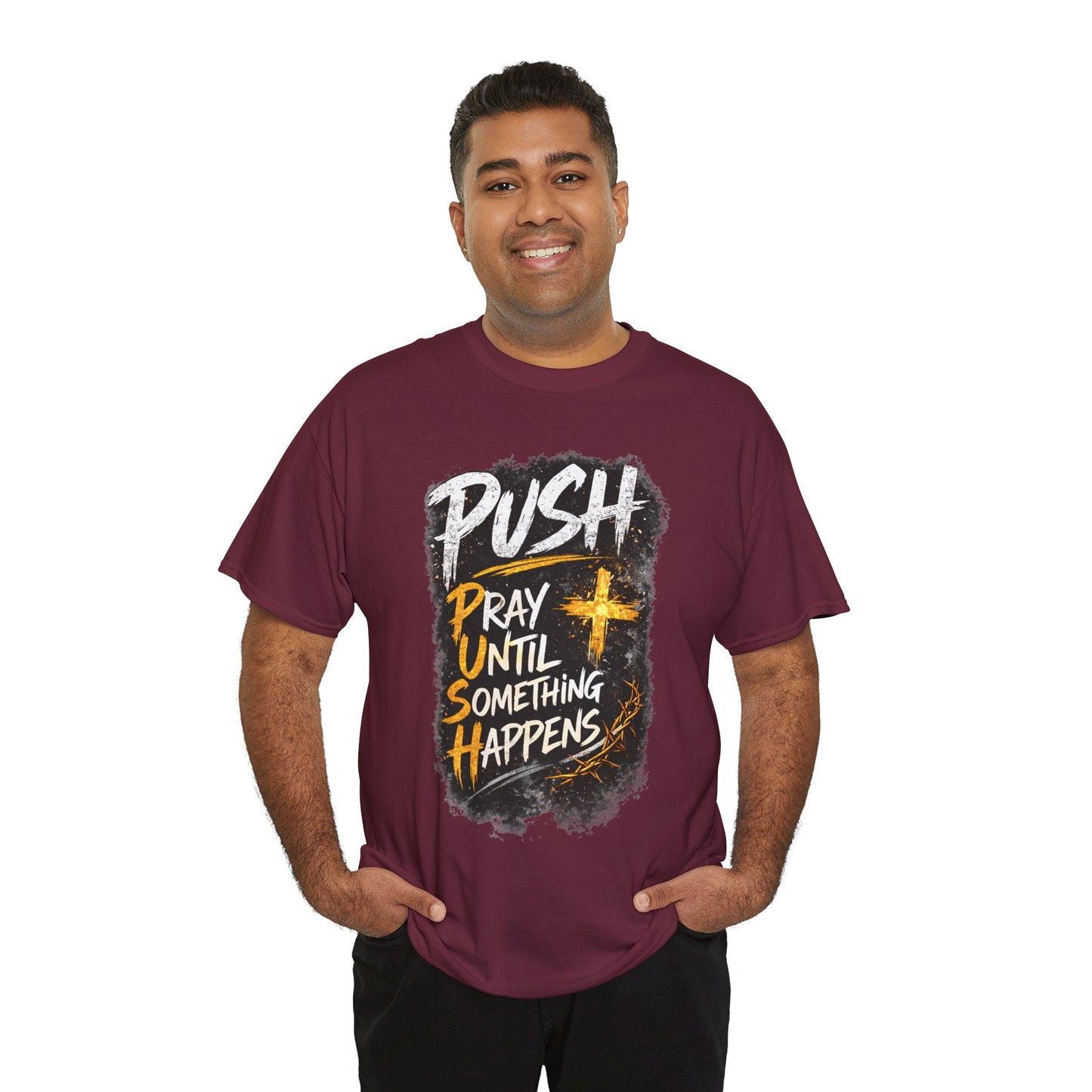 Man wearing a maroon t-shirt with motivational text design on a white background