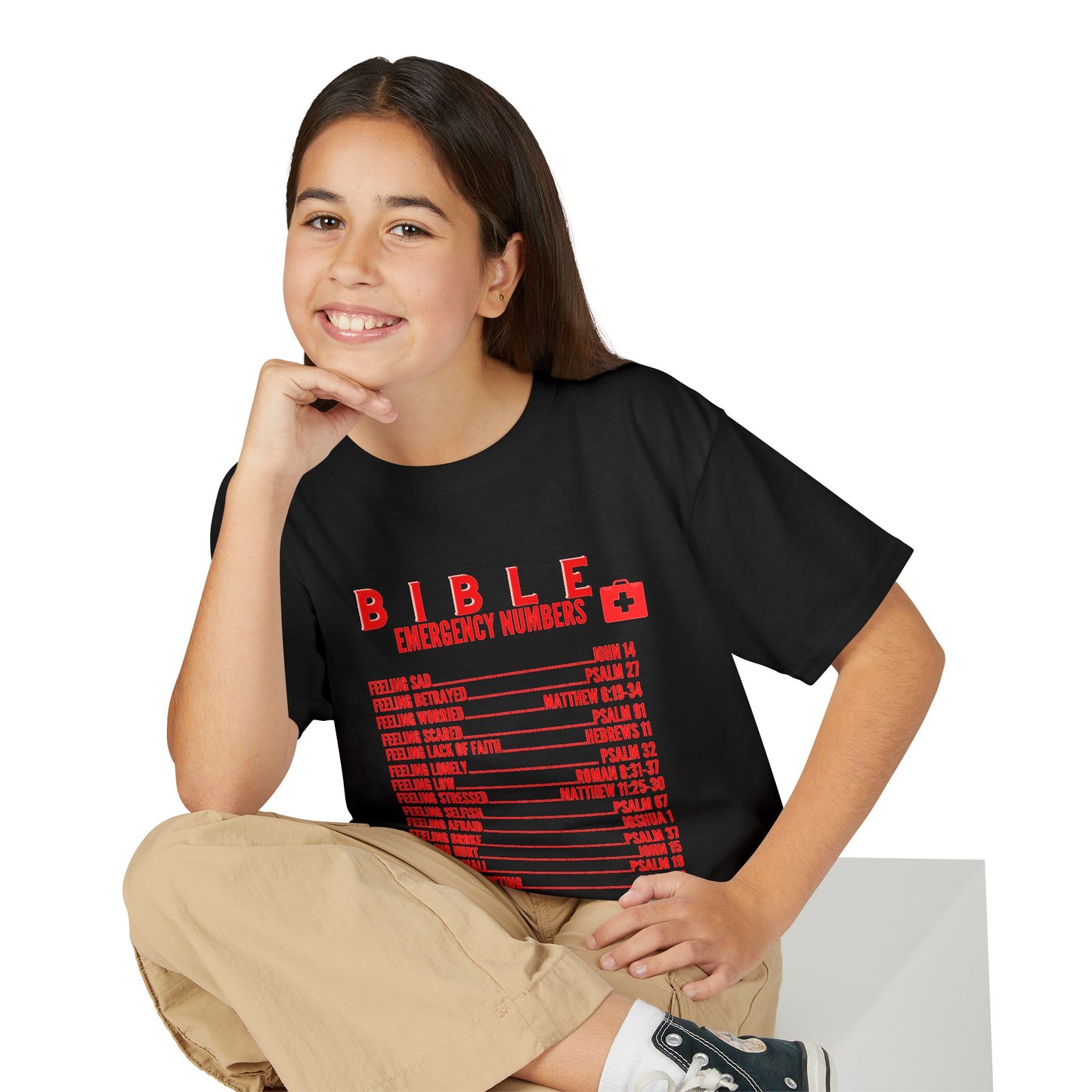 Bible Emergency Numbers Youth T-Shirt — Red