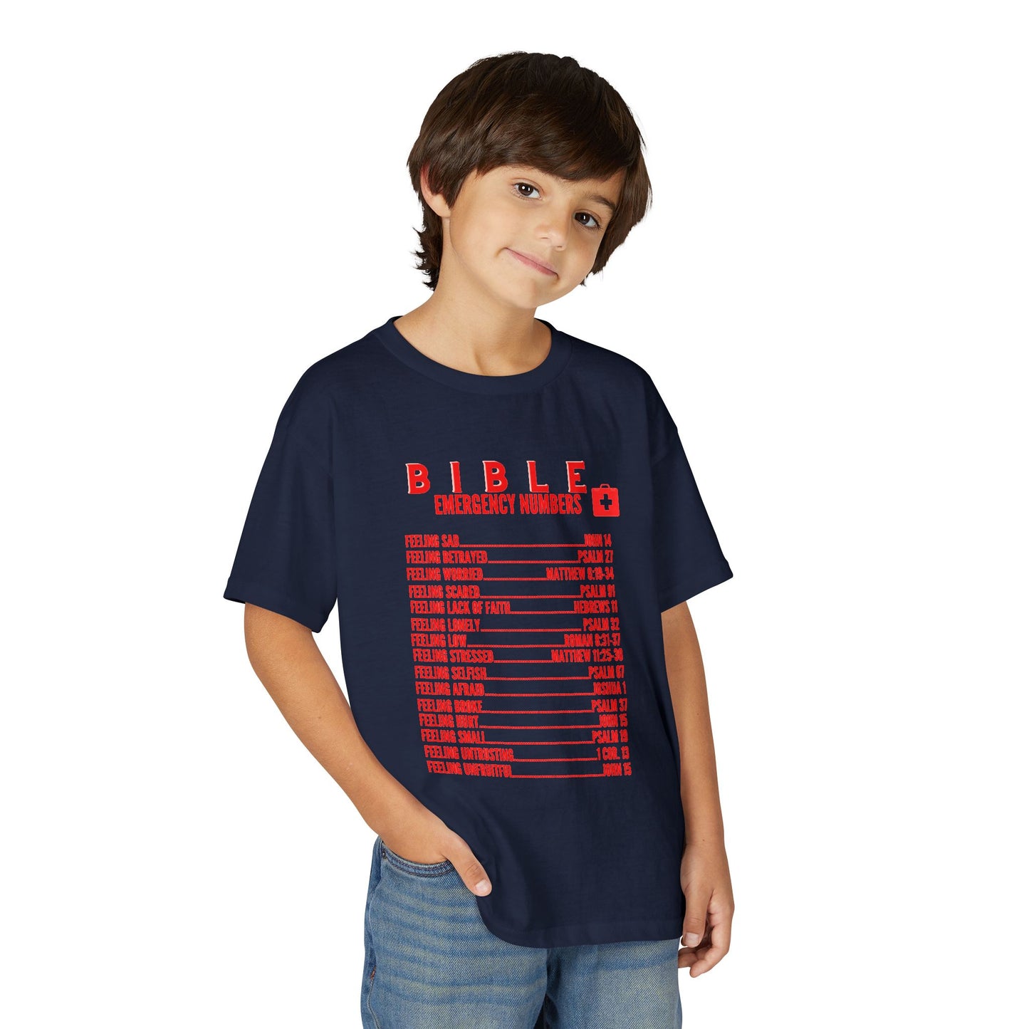 Bible Emergency Numbers Youth T-Shirt — Red