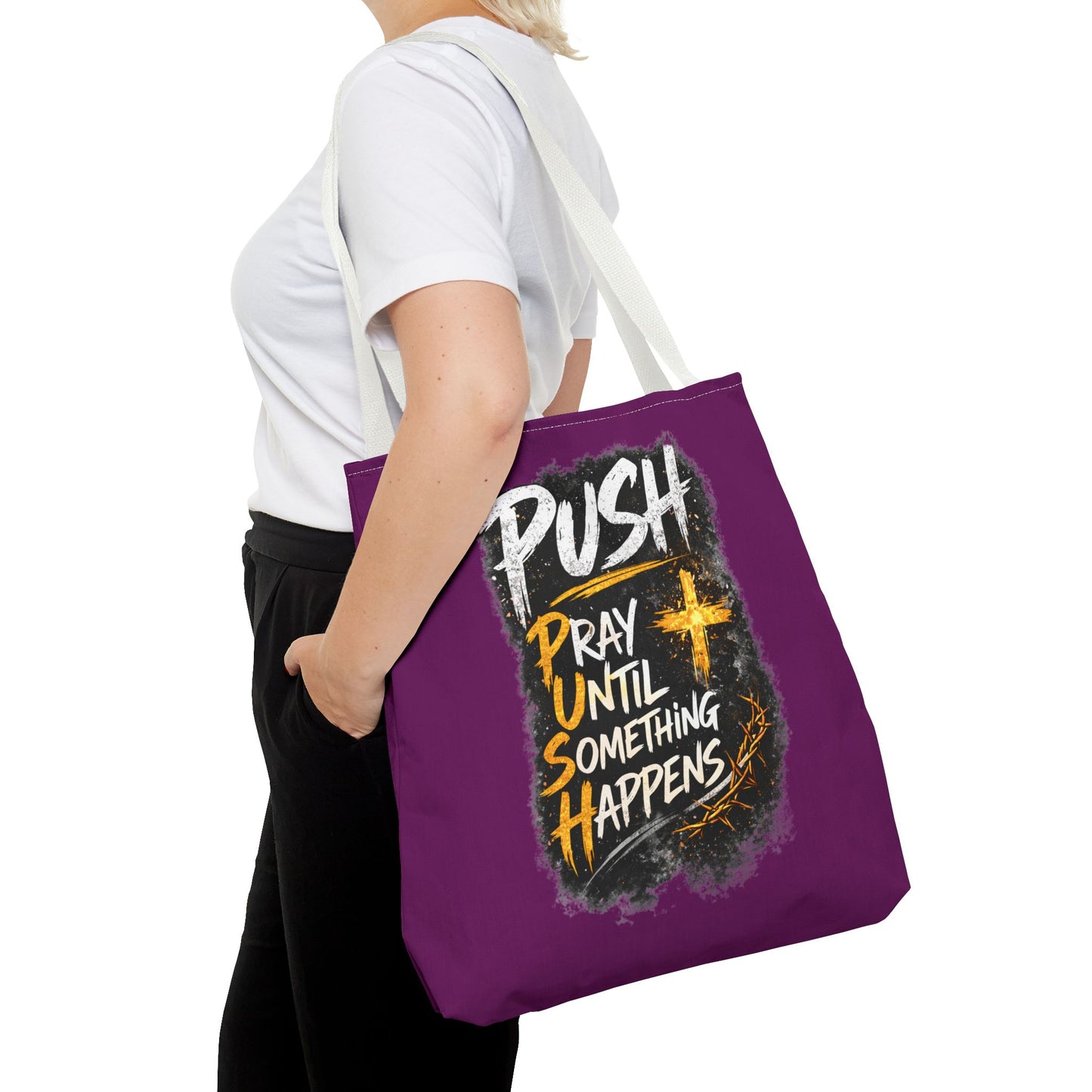 Push Pray Until Something Happens Purple Tote Bag