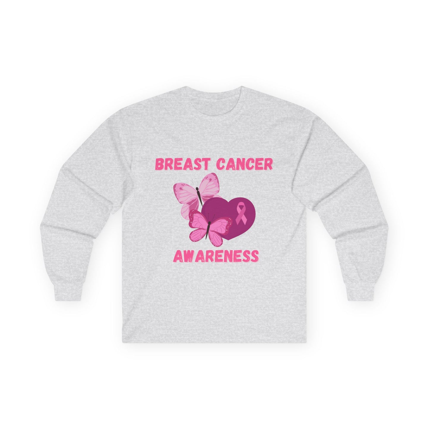 Breast Cancer Awareness Long Sleeve Tee — Pink Ribbon Butterfly Design