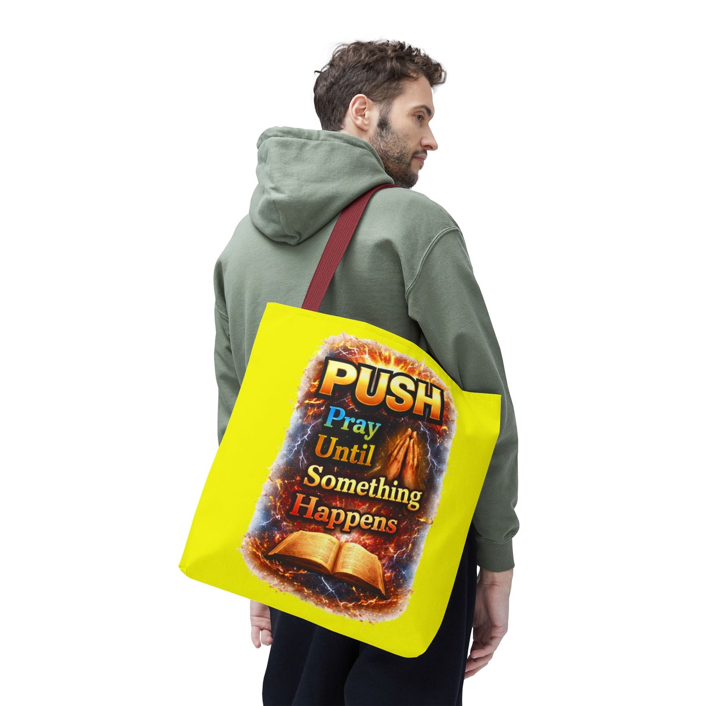 Push Pray Until Something Happens Yellow Tote Bag - Bible