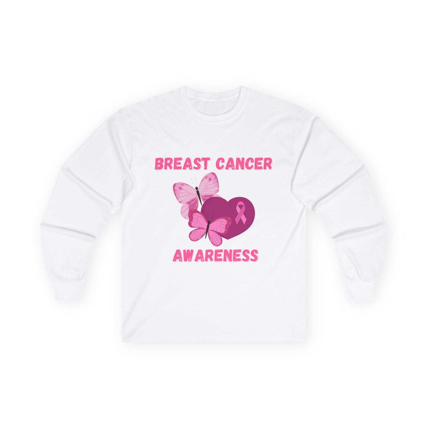 Breast Cancer Awareness Long Sleeve Tee — Pink Ribbon Butterfly Design