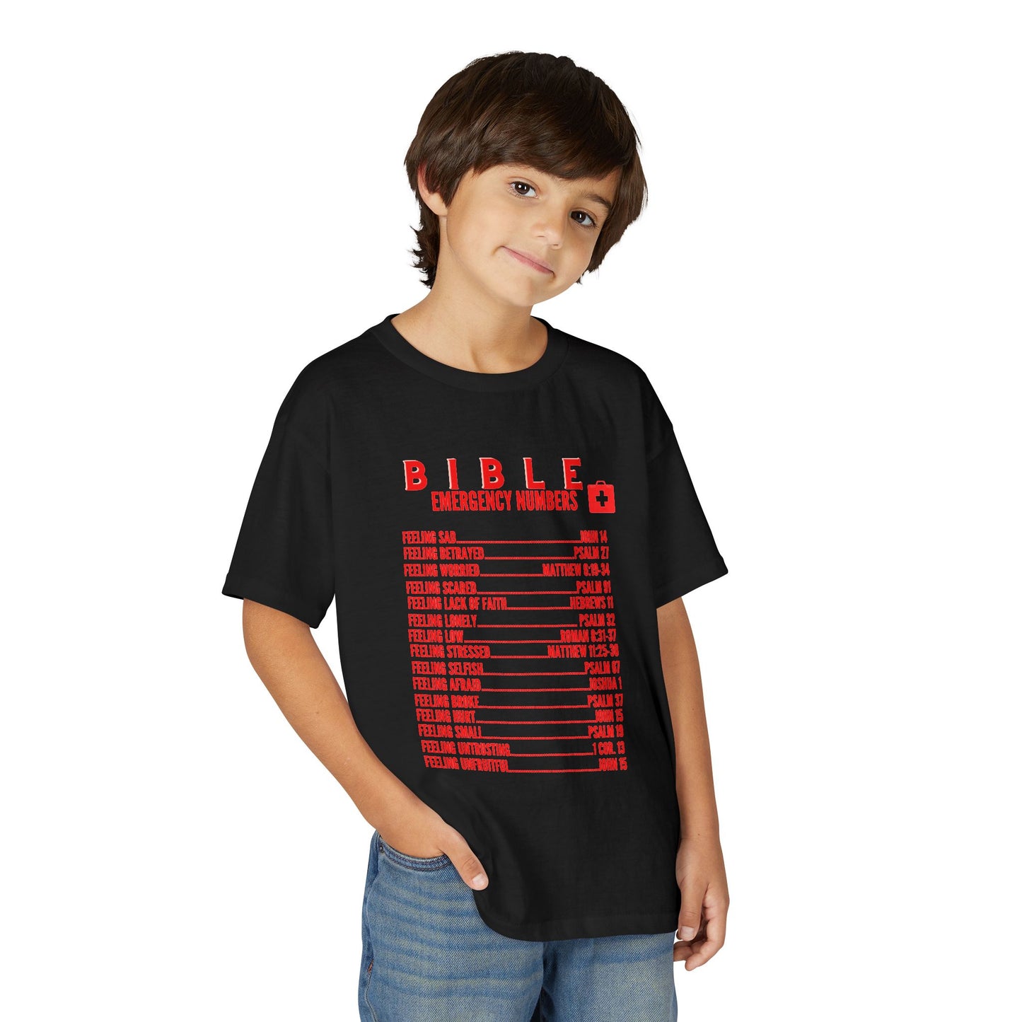 Bible Emergency Numbers Youth T-Shirt — Red
