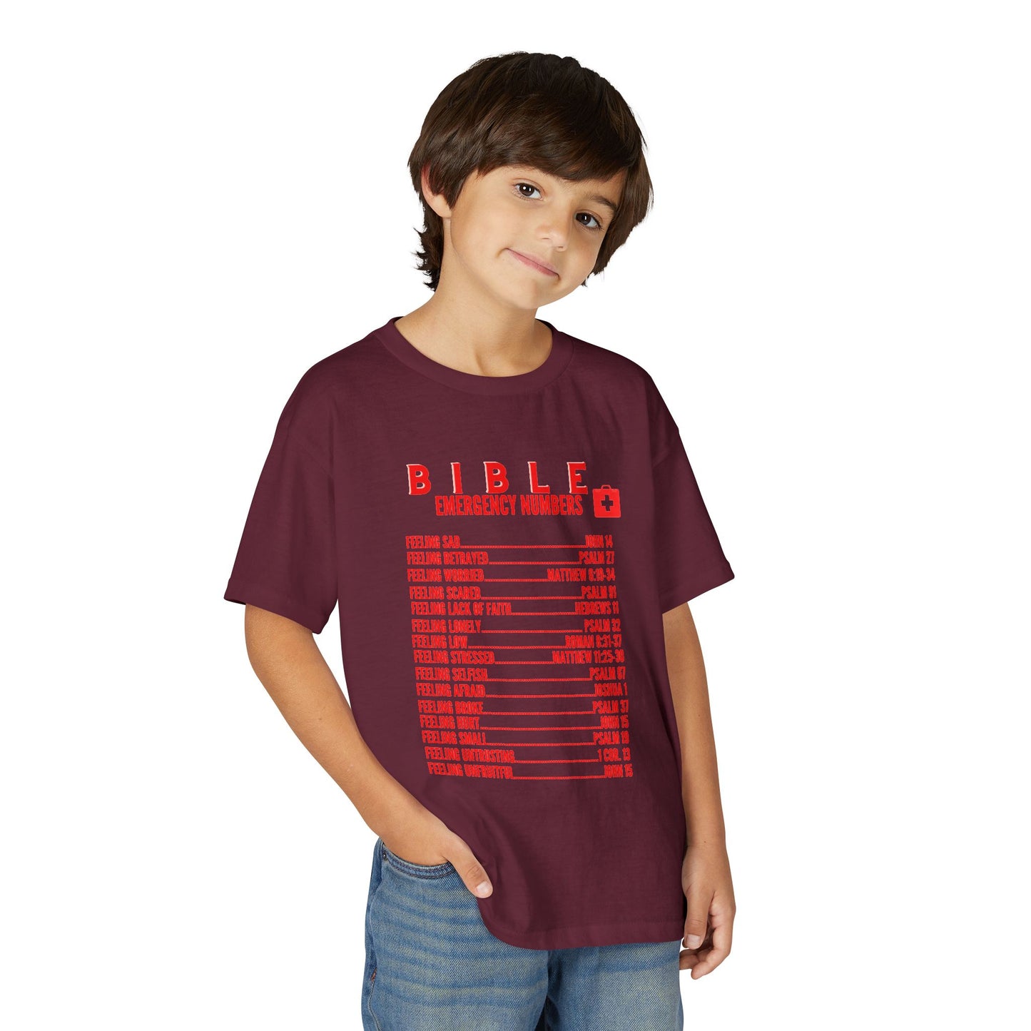Bible Emergency Numbers Youth T-Shirt — Red