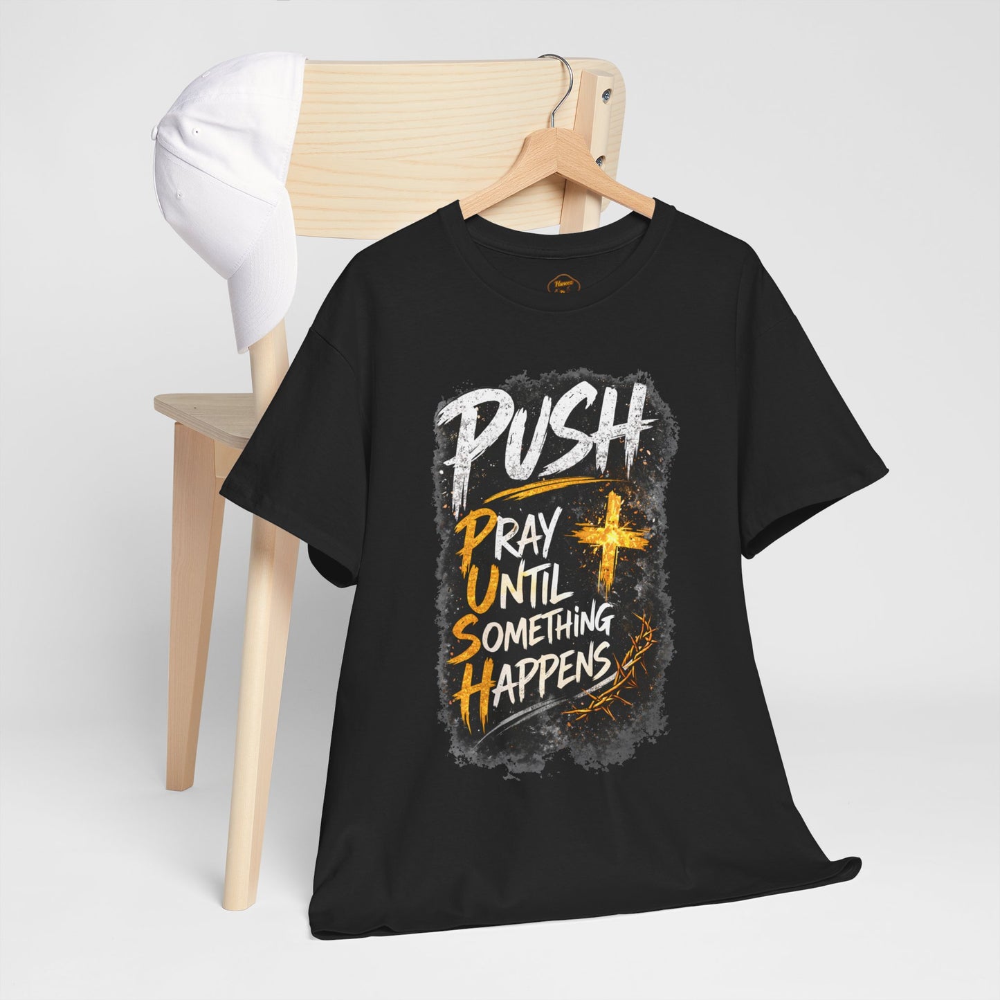 Black-shirt with 'Push' text on a wooden hanger against a white background