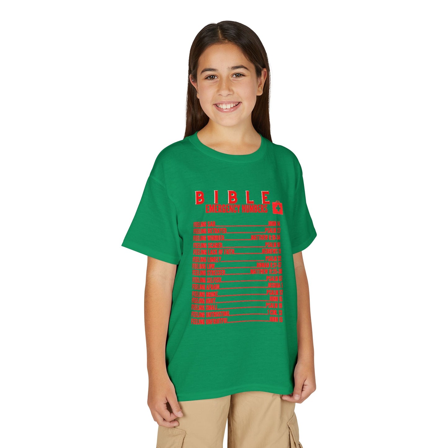 Bible Emergency Numbers Youth T-Shirt — Red