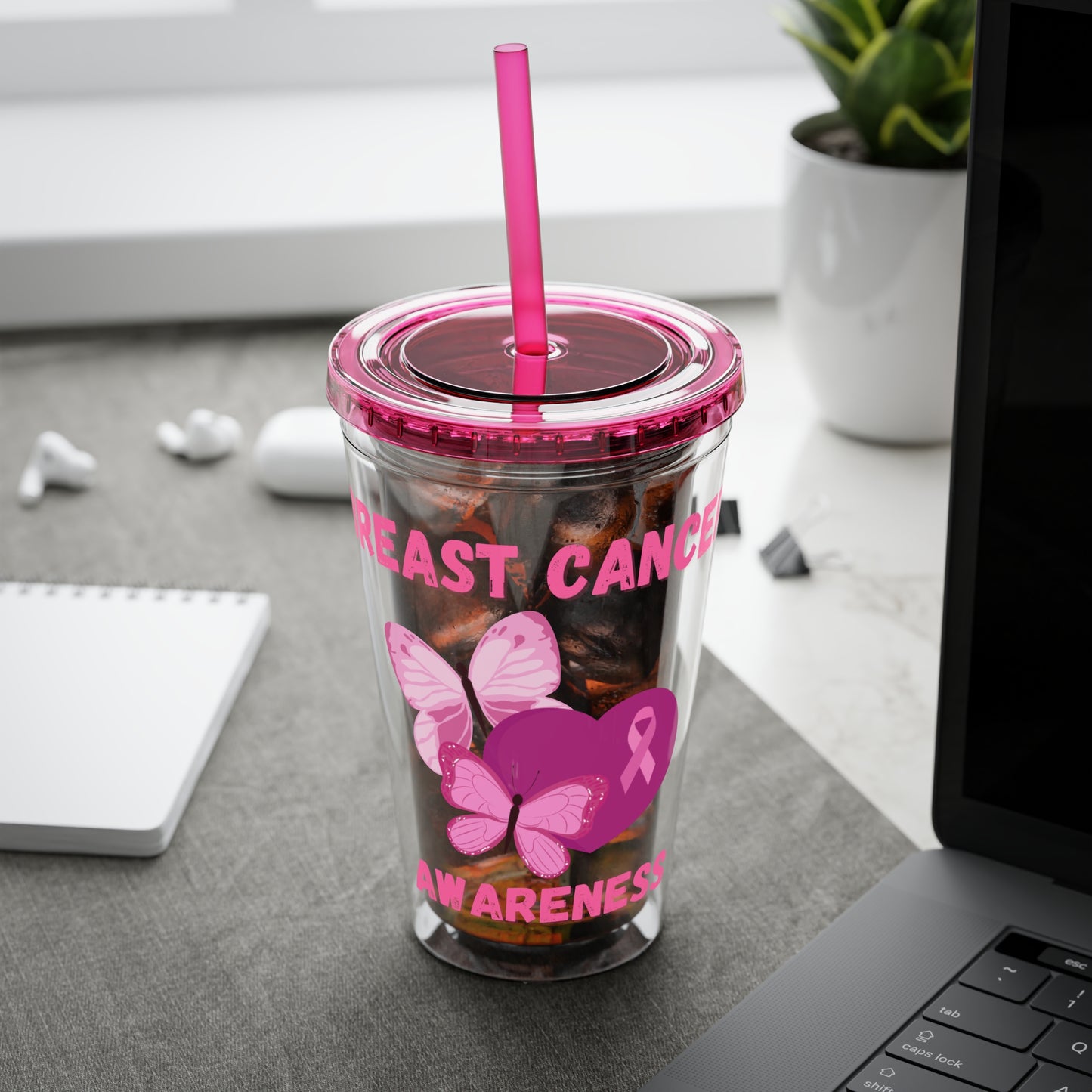 Breast Cancer Awareness 16oz Tumbler with Straw - Butterfly, Heart