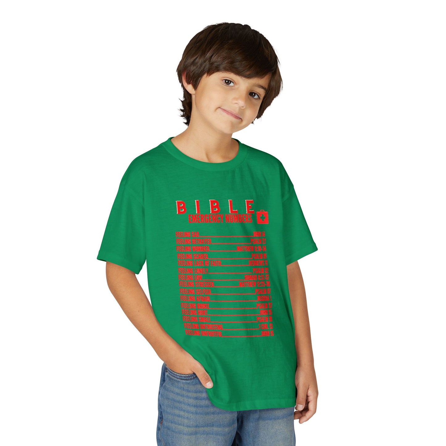 Bible Emergency Numbers Youth T-Shirt — Red