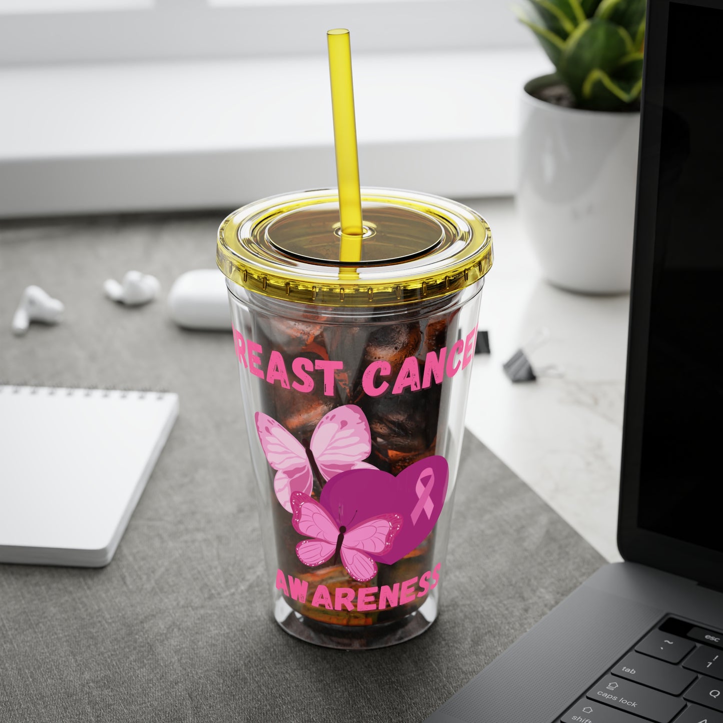 Breast Cancer Awareness 16oz Tumbler with Straw - Butterfly, Heart