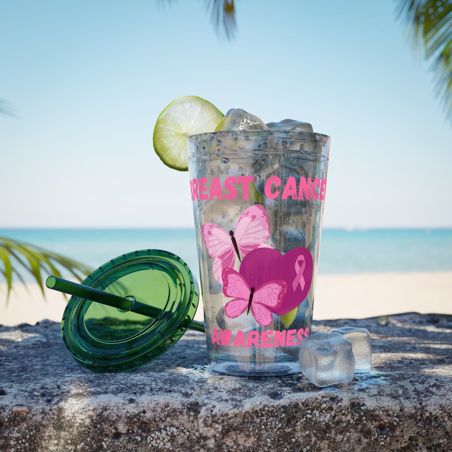 Breast Cancer Awareness 16oz Tumbler with Straw - Butterfly, Heart