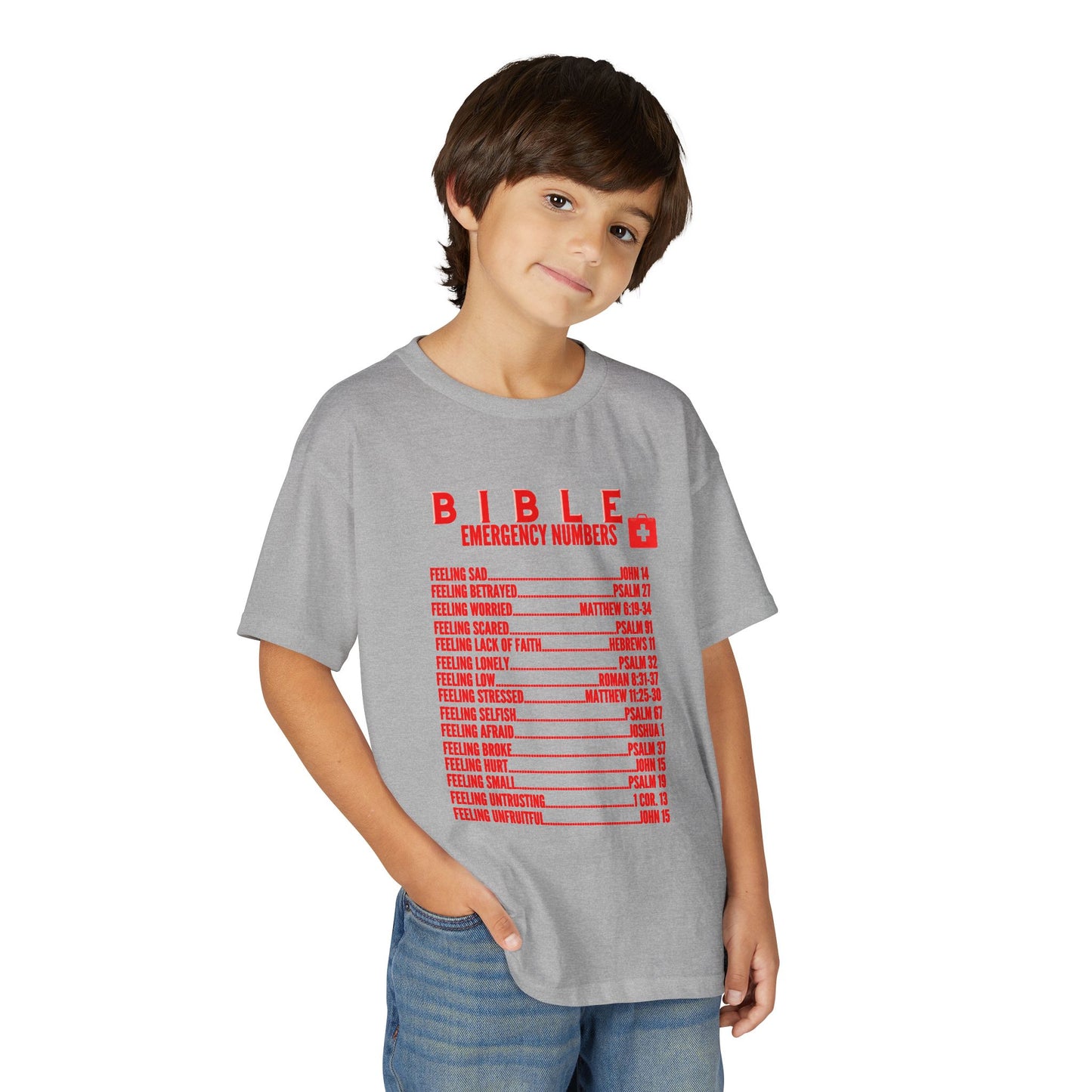 Bible Emergency Numbers Youth T-Shirt — Red