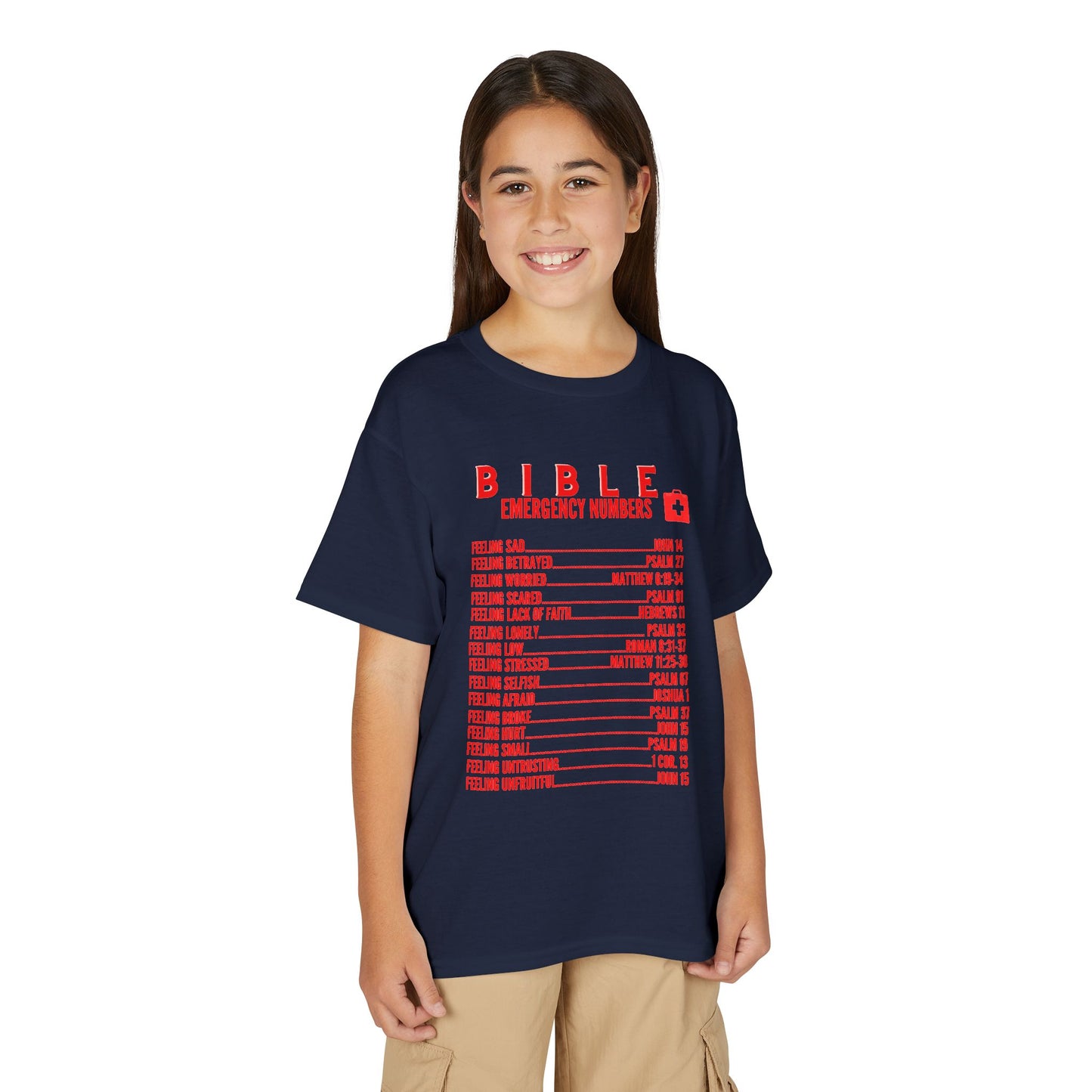 Bible Emergency Numbers Youth T-Shirt — Red