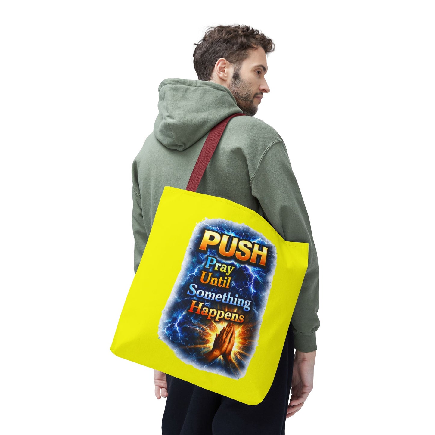 Push Pray Until Something Happens Yellow Tote Bag - Hands