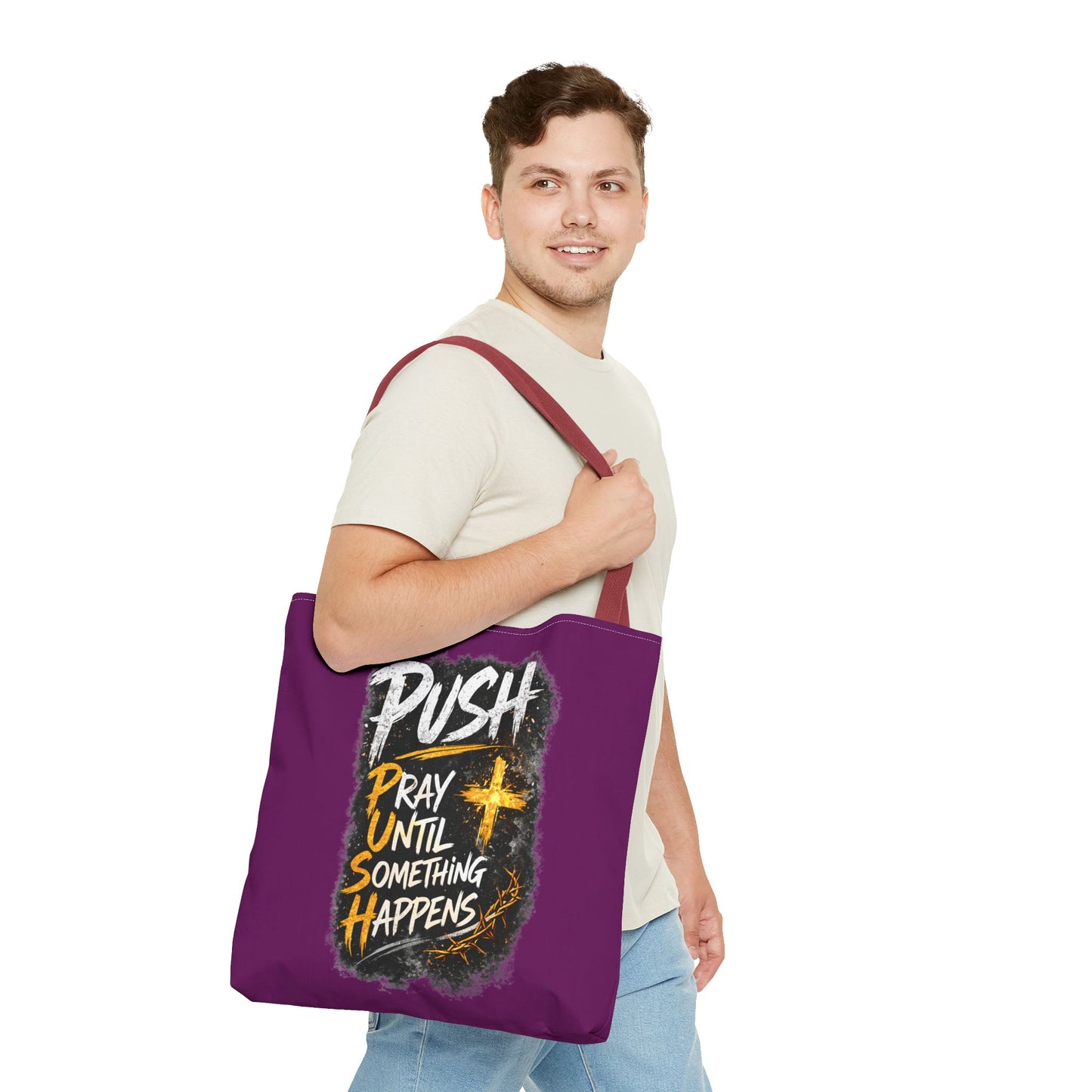 Push Pray Until Something Happens Purple Tote Bag