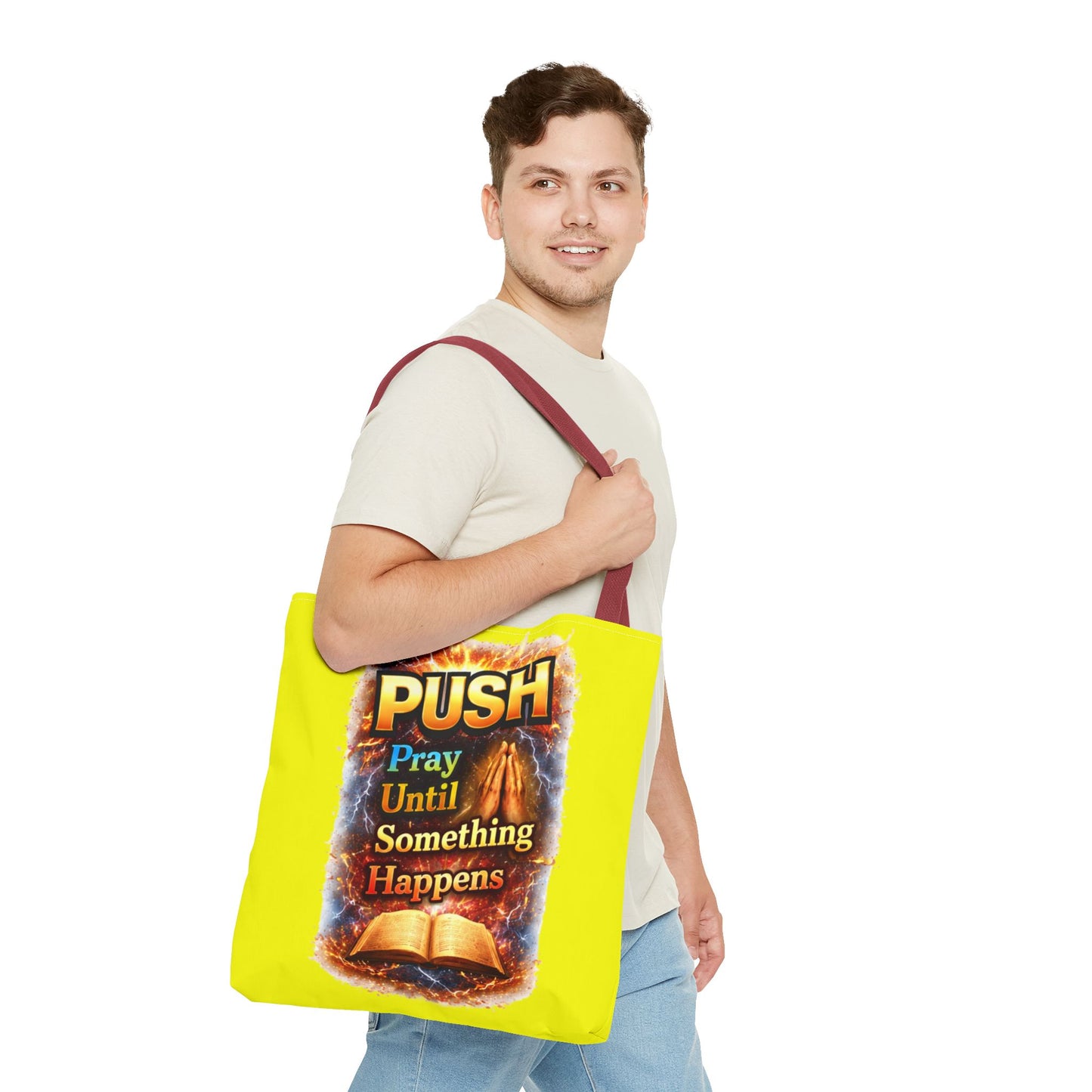 Push Pray Until Something Happens Yellow Tote Bag - Bible
