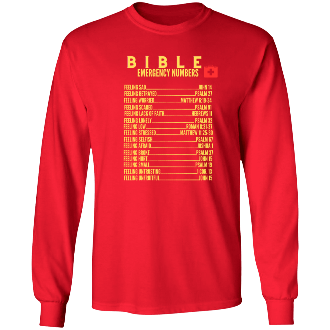 Emergency Bible Numbers Christian T-Shirt - Long Sleeve Gold
