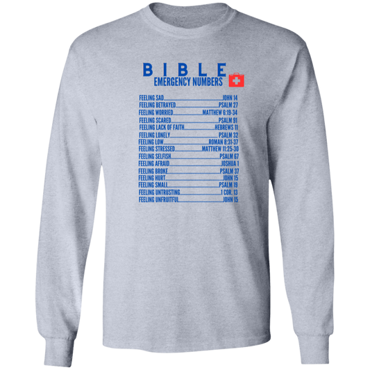 Emergency Bible Numbers Christian T-Shirt - Long Sleeve Blue