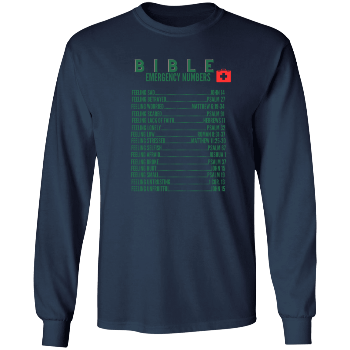Emergency Bible Numbers Christian T-Shirt - Long Sleeve Green