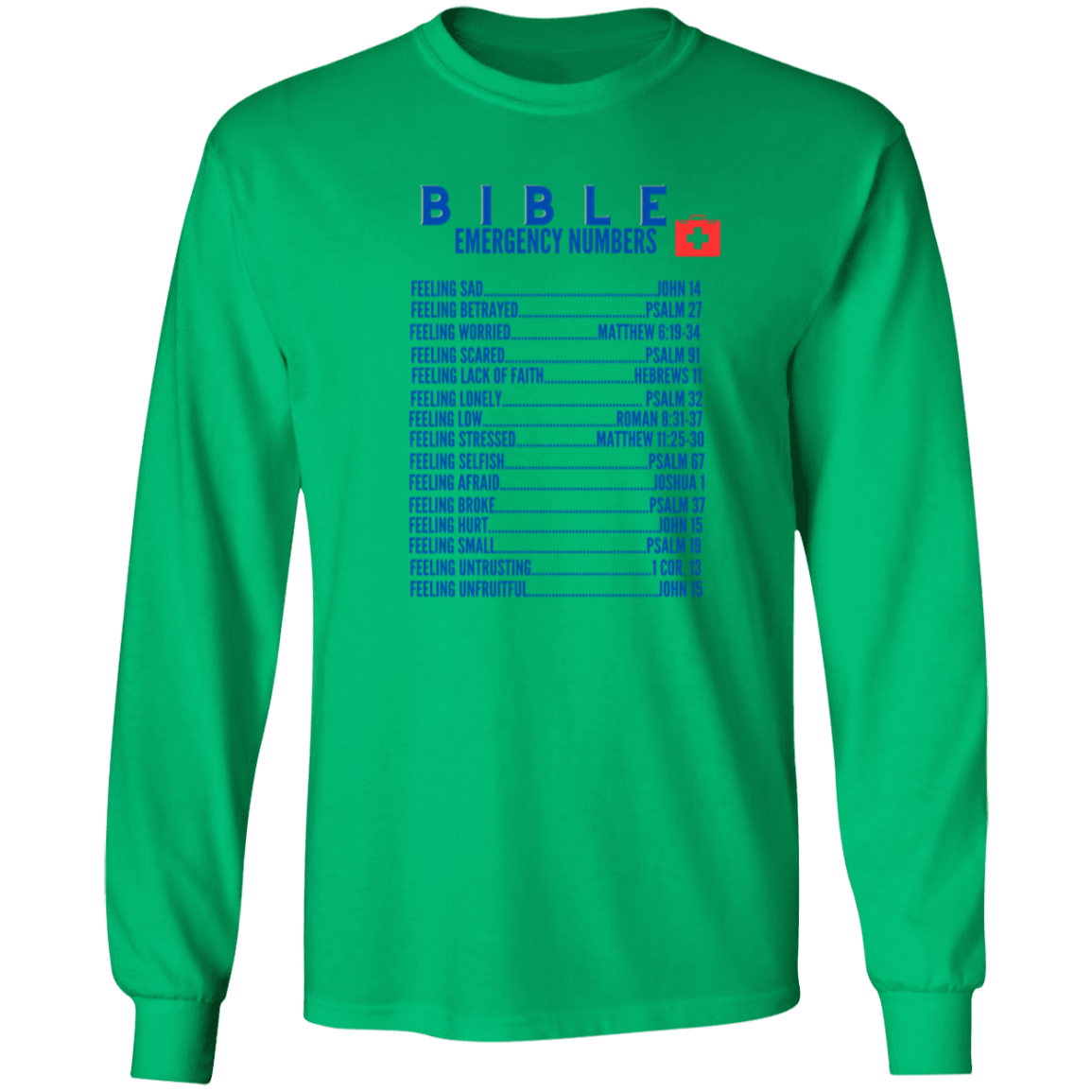 Emergency Bible Numbers Christian T-Shirt - Long Sleeve Blue
