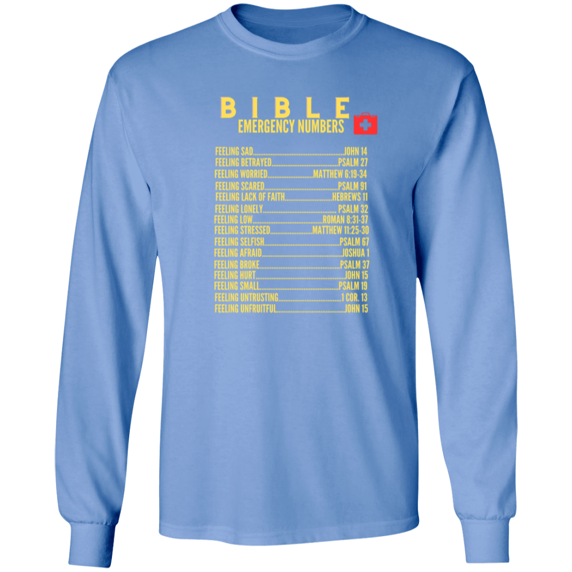 Emergency Bible Numbers Christian T-Shirt - Long Sleeve Gold