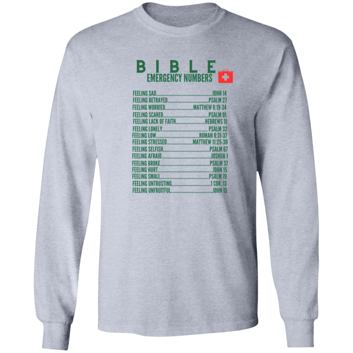 Emergency Bible Numbers Christian T-Shirt - Long Sleeve Green