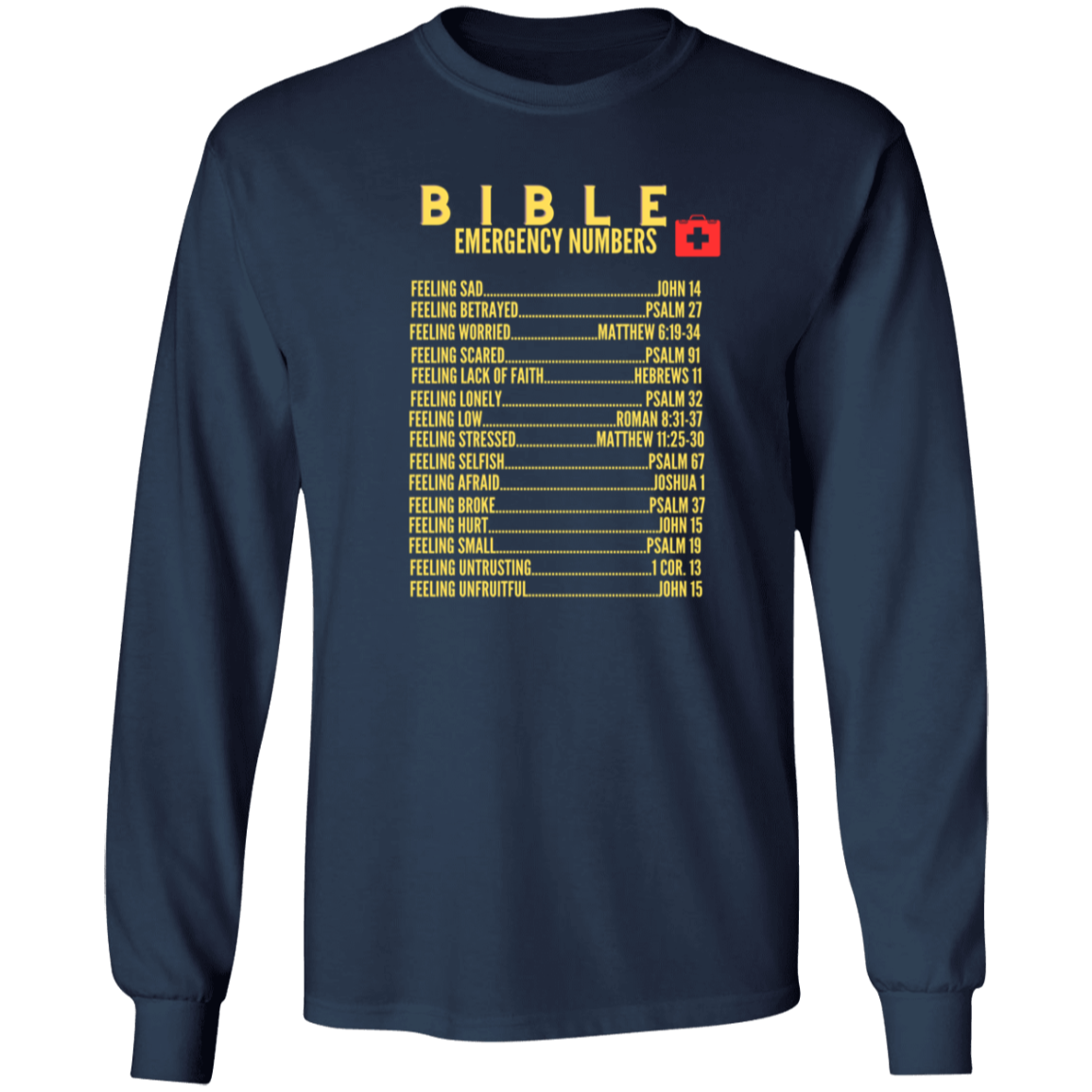 Emergency Bible Numbers Christian T-Shirt - Long Sleeve Gold