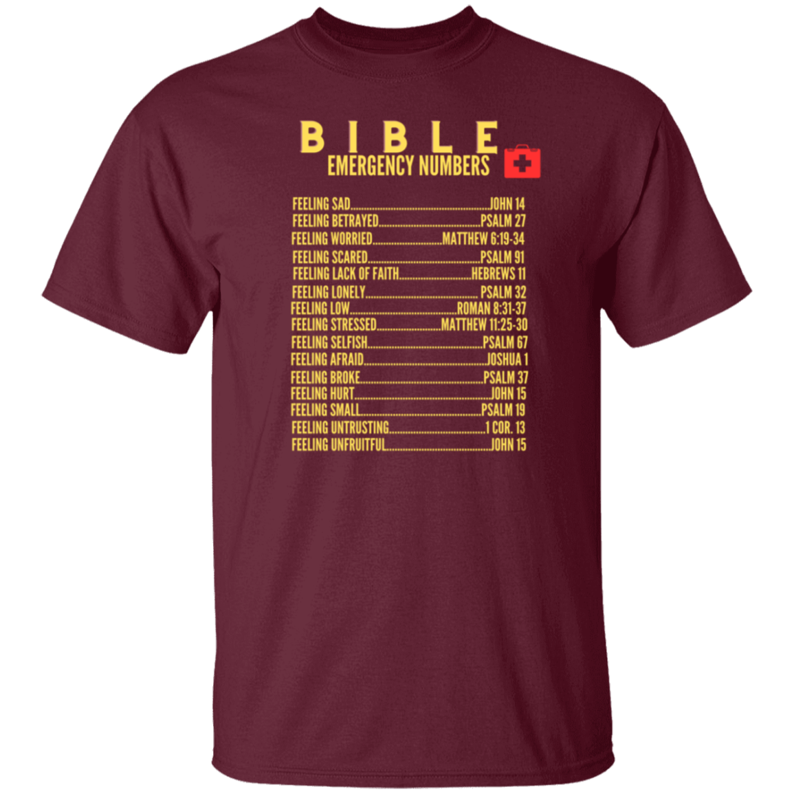 Emergency Bible Numbers Christian T-Shirt - Short Sleeve Gold