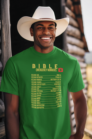 Emergency Bible Numbers Christian T-Shirt - Short Sleeve Gold