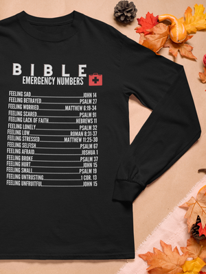 Emergency Bible Numbers Christian T-Shirt - Long Sleeve White