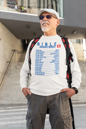 Emergency Bible Numbers Christian T-Shirt - Long Sleeve Blue