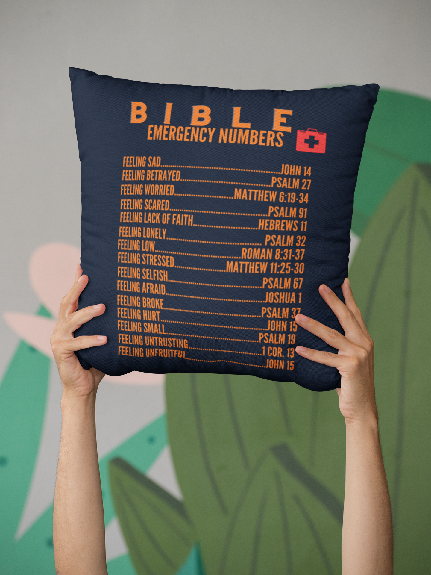 Emergency Bible Numbers Christian Pillow Orange