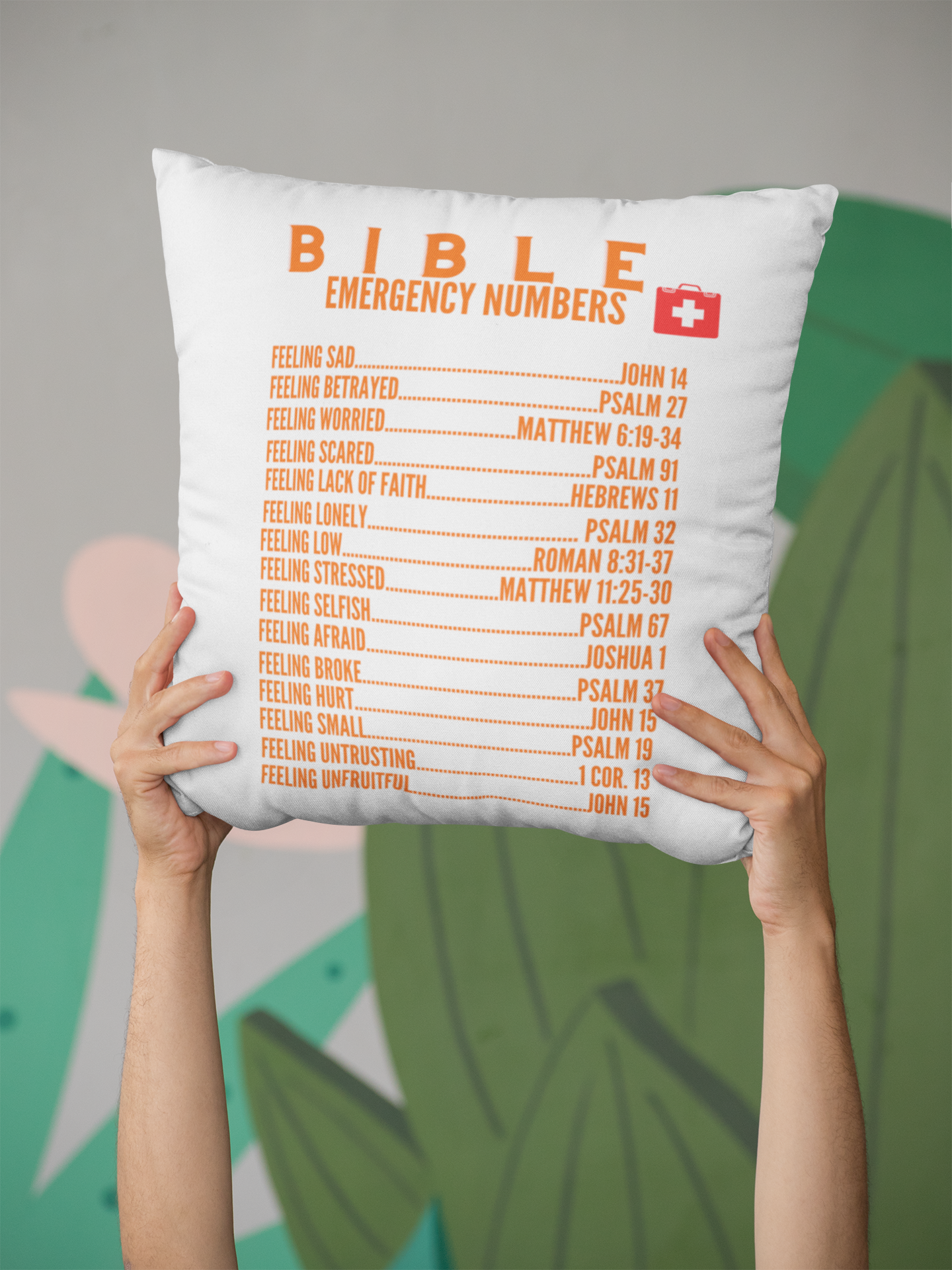 Emergency Bible Numbers Christian Pillow Orange