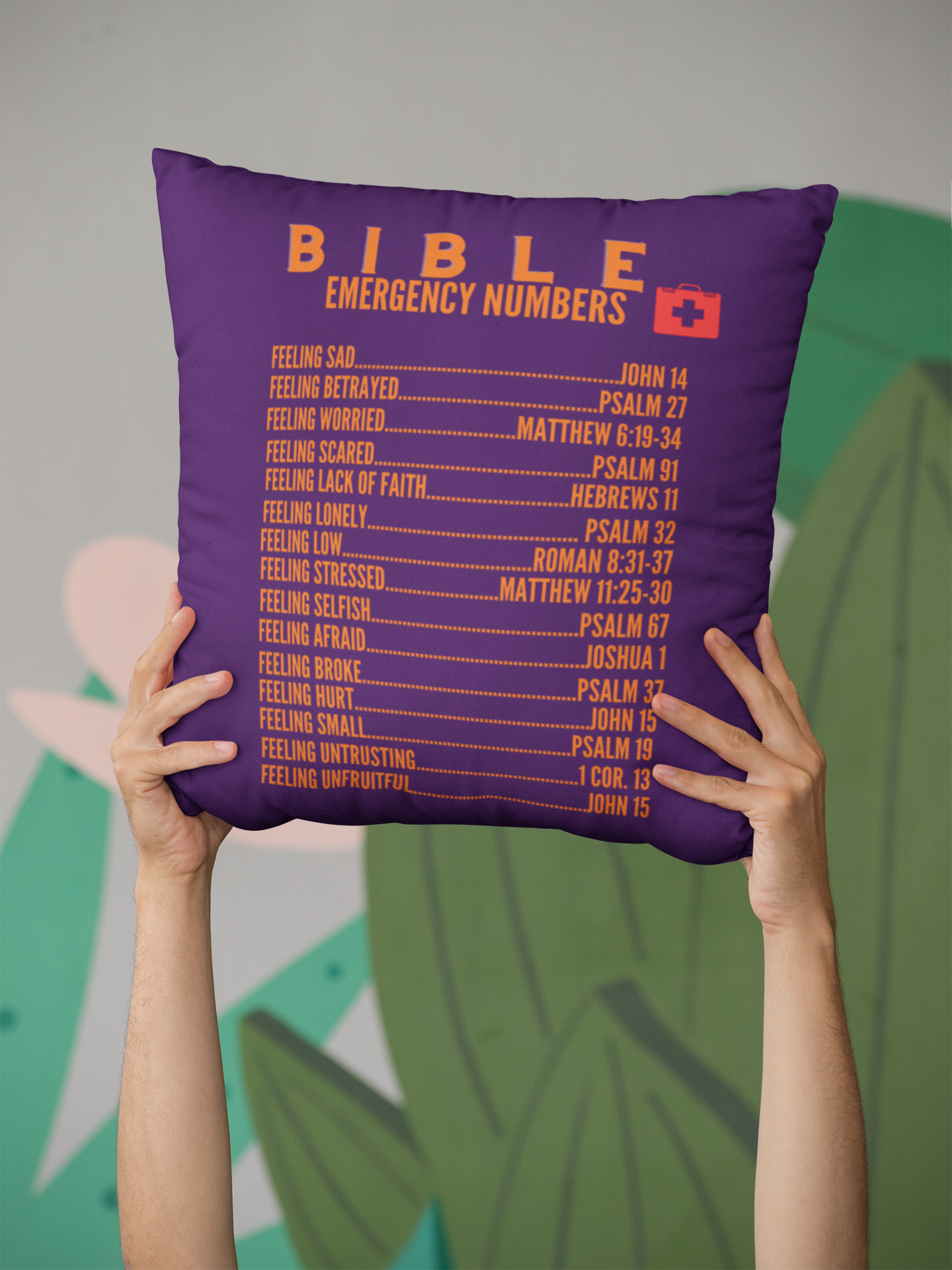 Emergency Bible Numbers Christian Pillow Orange