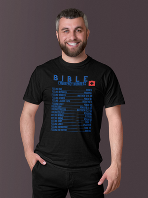 Emergency Bible Numbers Christian T-Shirt - Short Sleeve Blue