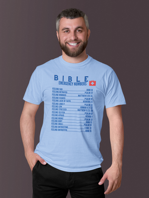 Emergency Bible Numbers Christian T-Shirt - Short Sleeve Blue