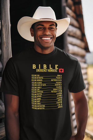 Emergency Bible Numbers Christian T-Shirt - Short Sleeve Gold
