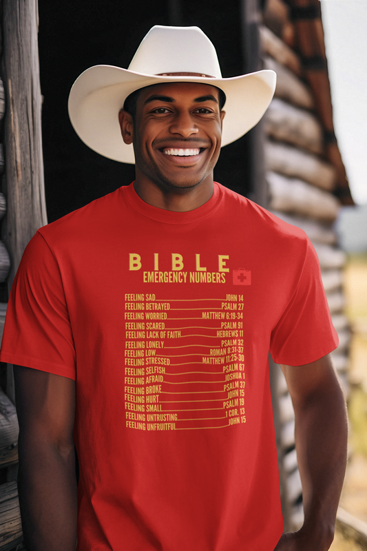 Emergency Bible Numbers Christian T-Shirt - Short Sleeve Gold