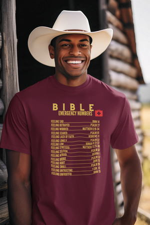 Emergency Bible Numbers Christian T-Shirt - Short Sleeve Gold