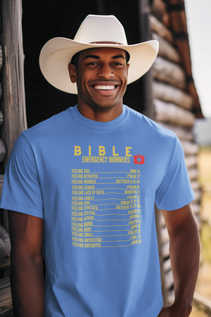 Emergency Bible Numbers Christian T-Shirt - Short Sleeve Gold