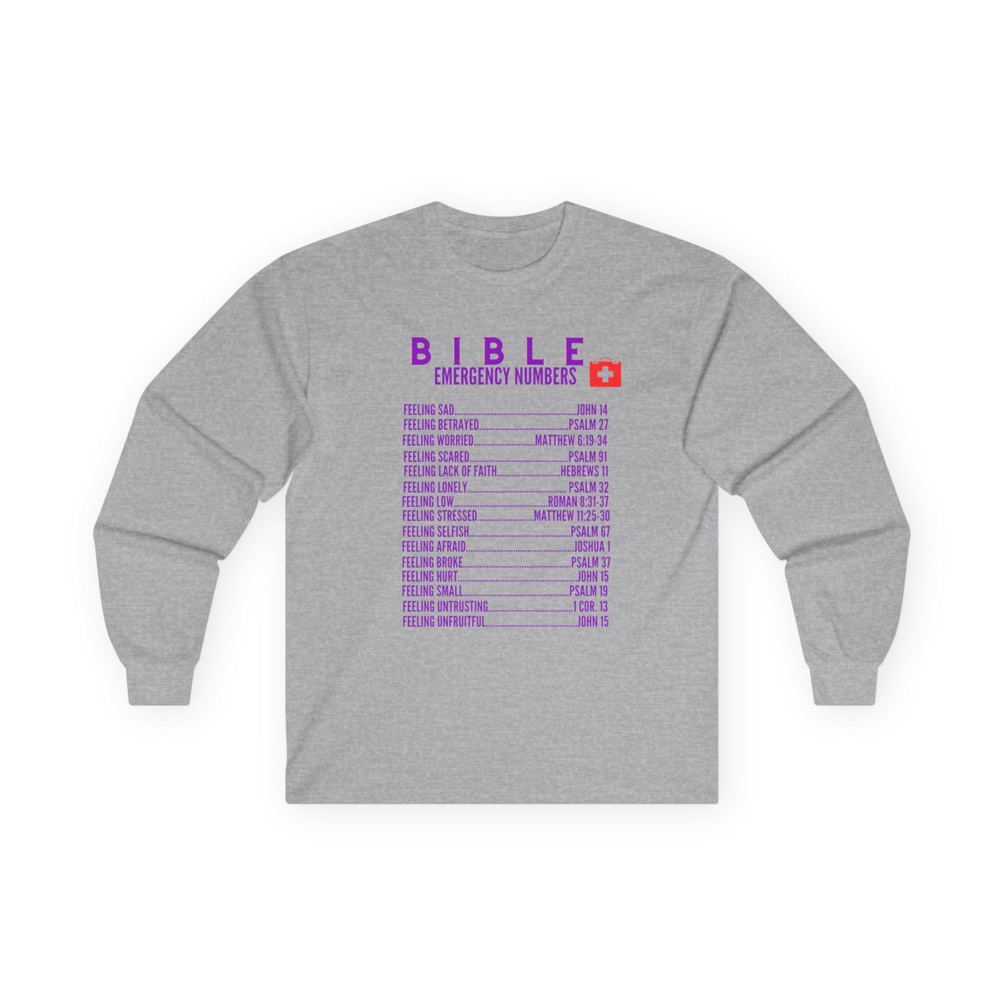 Bible Emergency Numbers Long Sleeve Tee - Purple