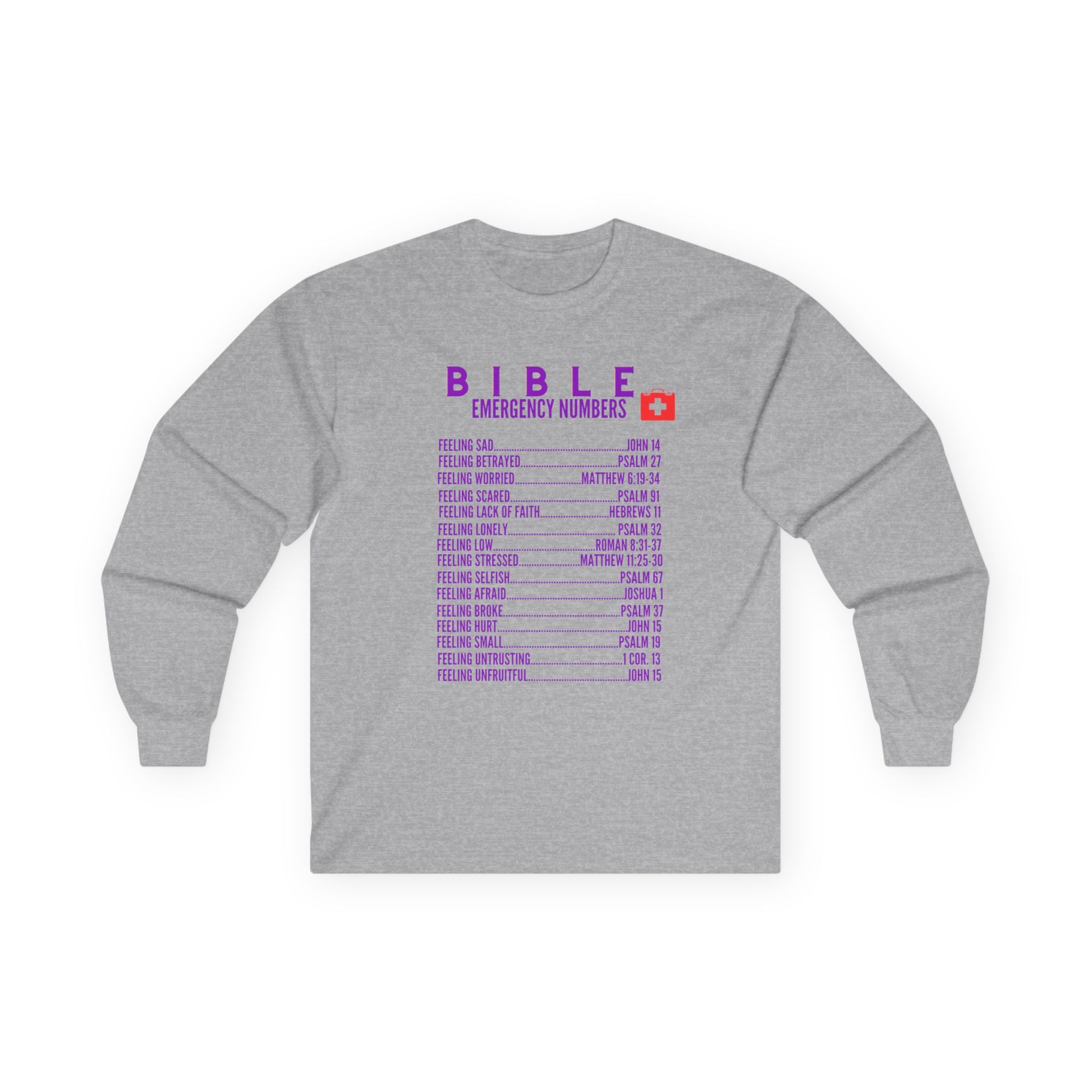 Bible Emergency Numbers Long Sleeve Tee - Purple