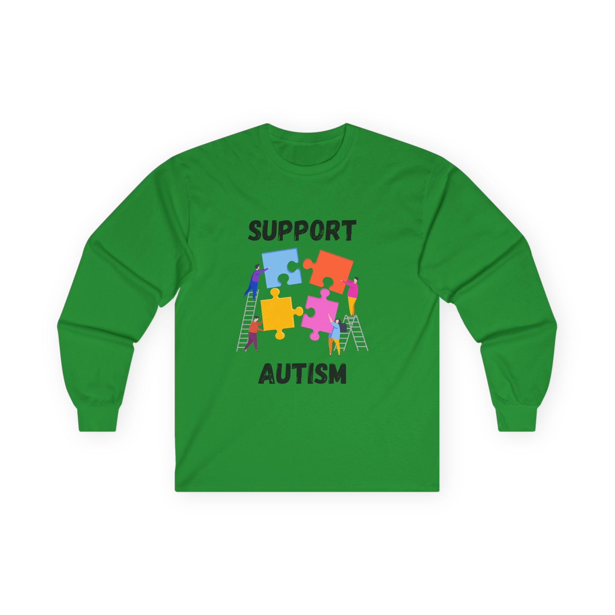 Support Autism Long Sleeve Tee — Puzzle Piece Awareness Shirt - Blk
