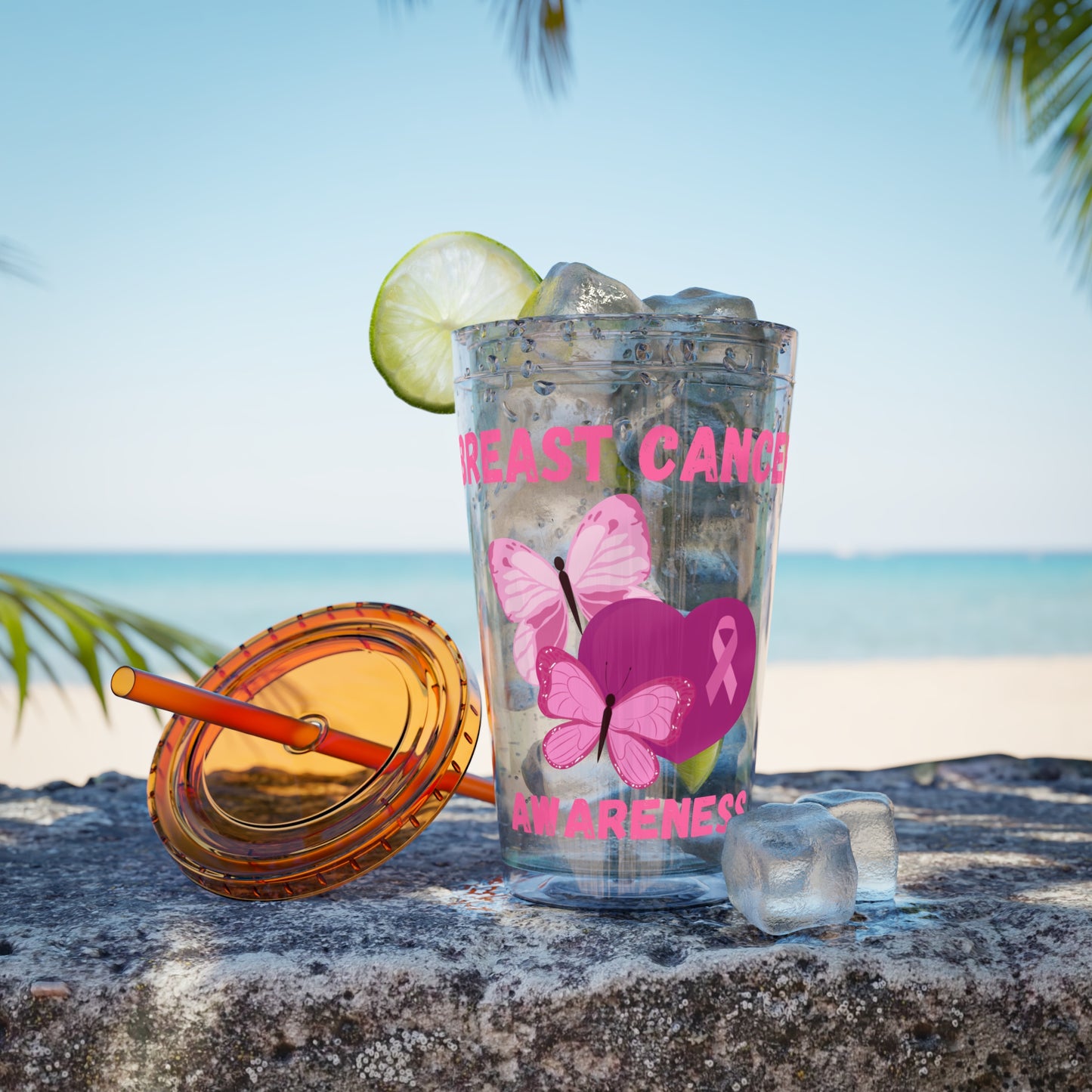 Breast Cancer Awareness 16oz Tumbler with Straw - Butterfly, Heart