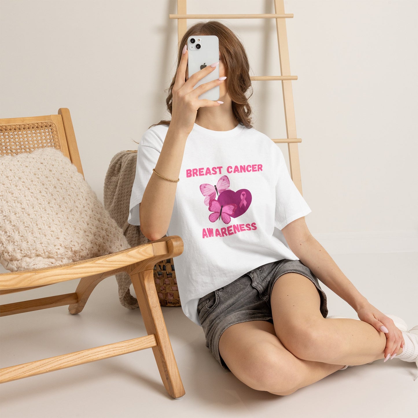 Breast Cancer Awareness Tee with Pink Butterfly & Ribbon