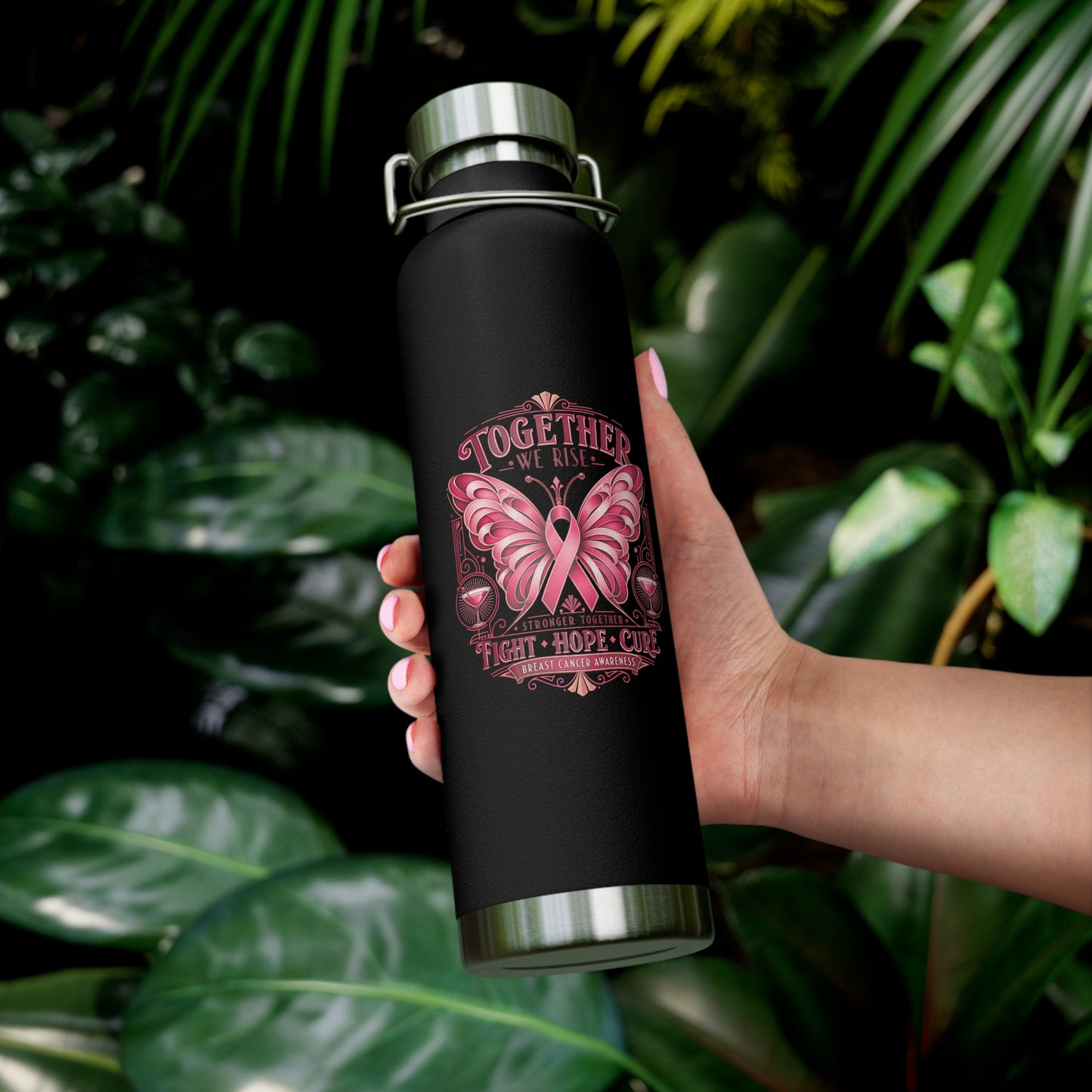 Together We Fight Pink Ribbon Butterfly Cancer 22oz Insulated Water Bottle