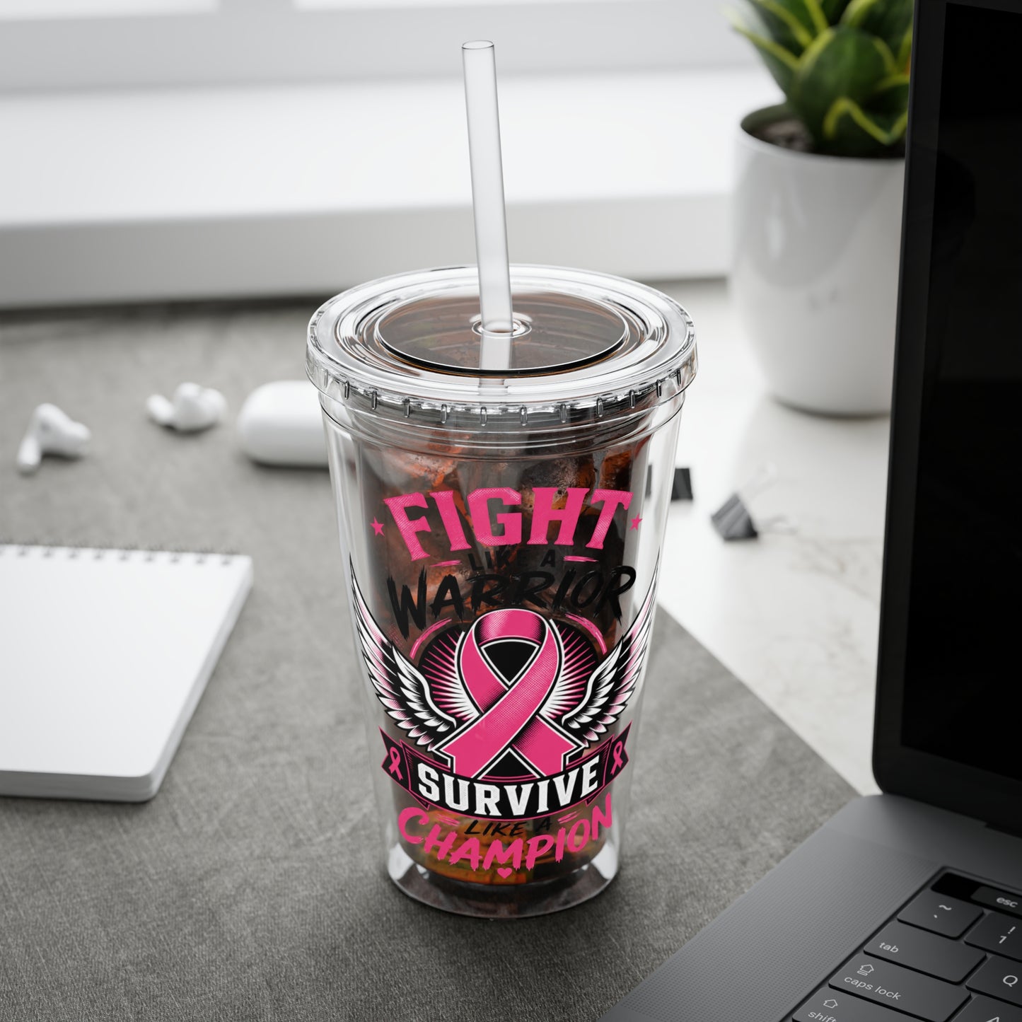 Fight Like a Warrior, Survive Like a Champion Breast Cancer Awareness 16oz Tumbler with Straw