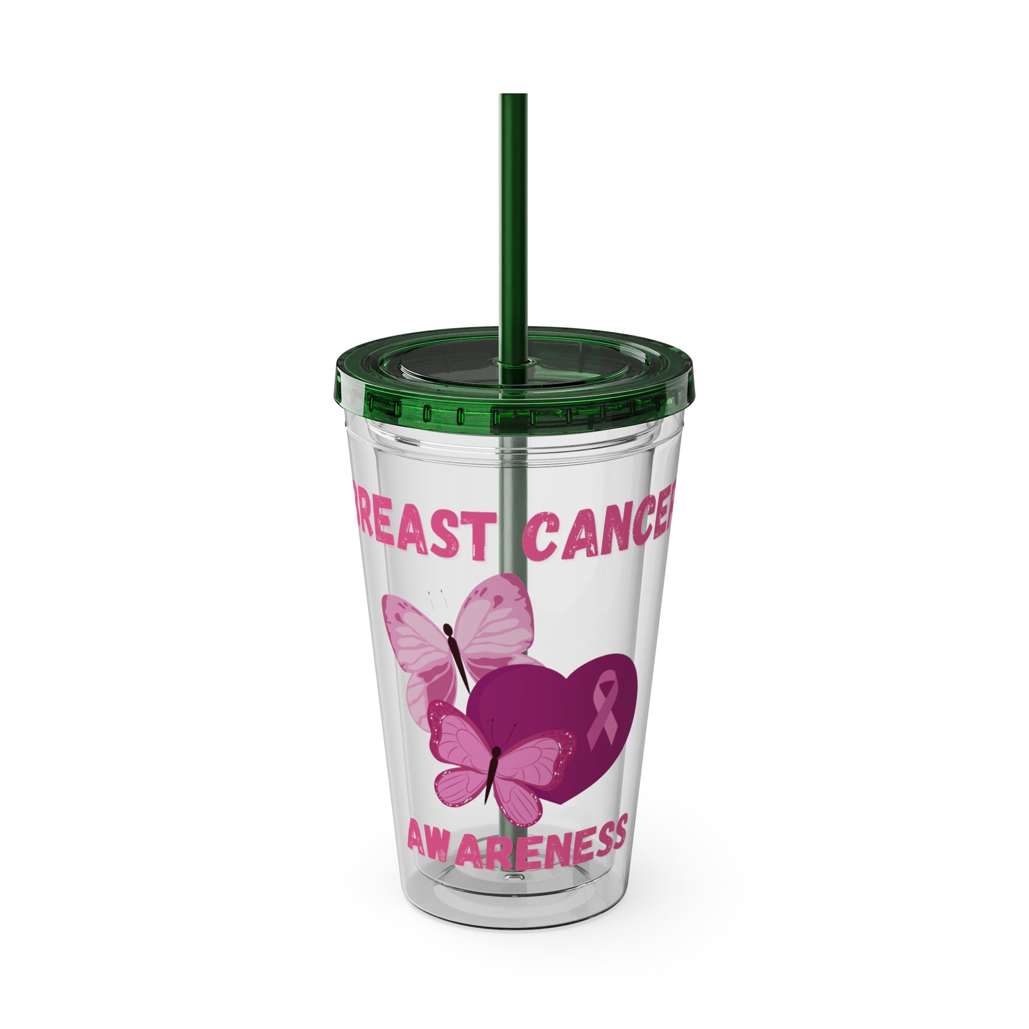 Breast Cancer Awareness 16oz Tumbler with Straw - Butterfly, Heart